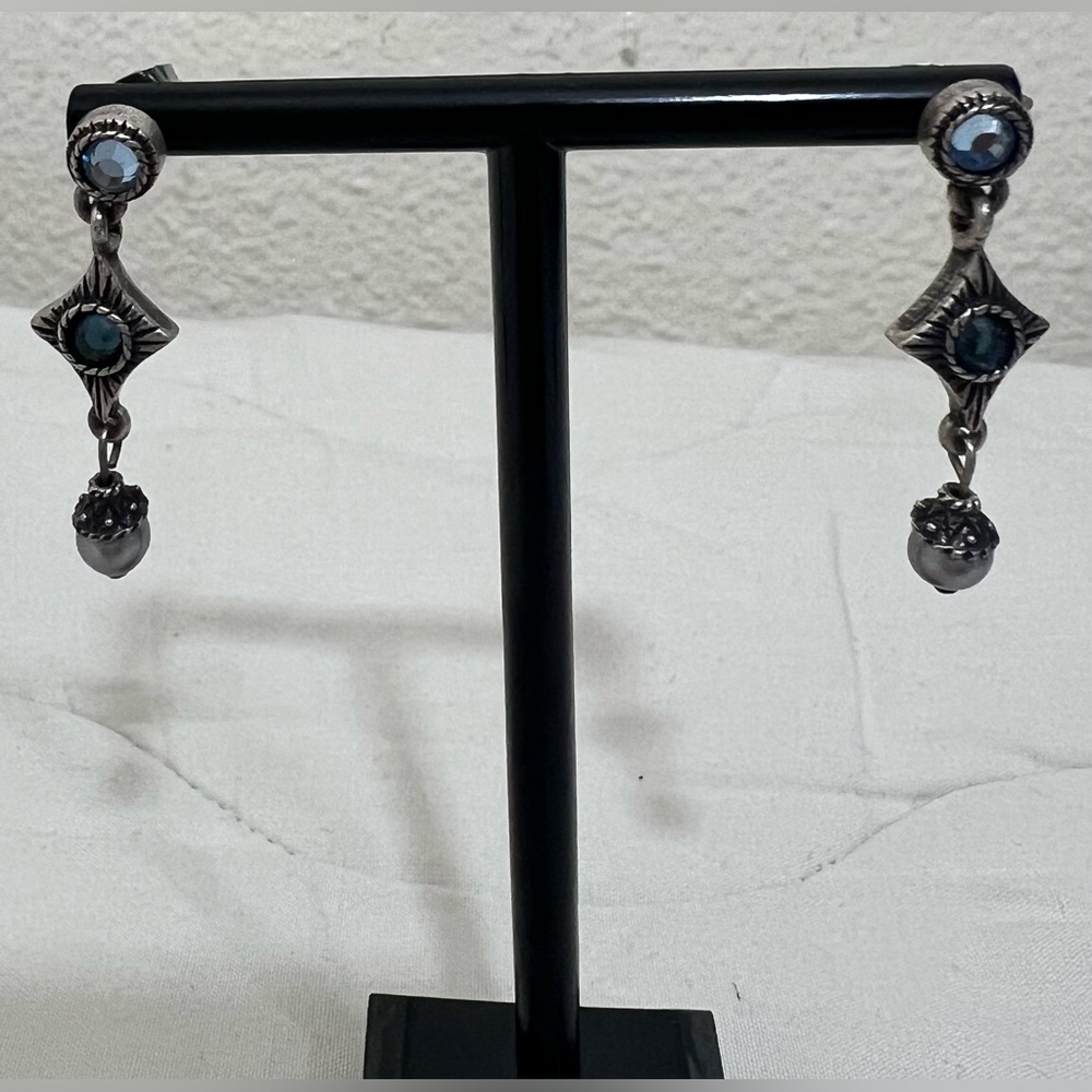Napier Vintage Blue Stone Geometric Dangling Earrings with Textured Silver Ball